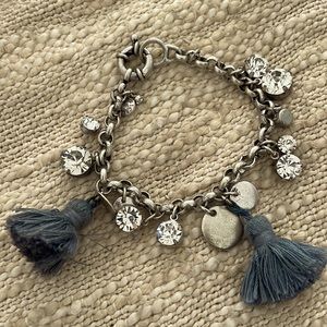 J Crew Silver Metal Chain Bracelet w/Tassels, Rhinestone & Silver Disc Charms